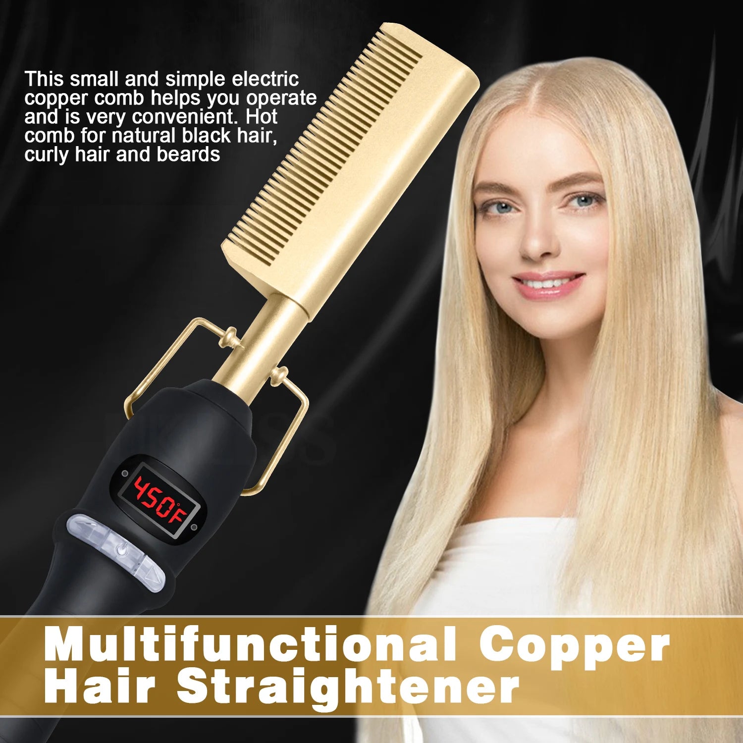 2 in1 Hot Comb Hair Straightener Electric Heating Comb Fast Heating Portable Travel Anti-Scald Beard Straightener Press Comb
