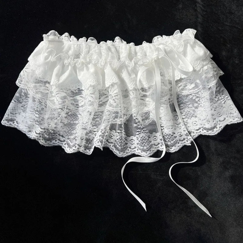 2026 Korean Ins Unique Lace Layered Gauze Skirts Lace Trim A-Line Short Cloth Mini Waist Skirts Harajuku Girl's White Skirts Y2K