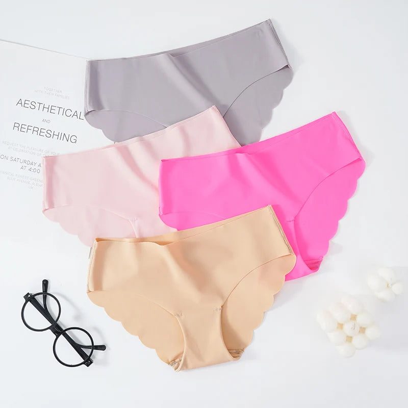 5PCS Women's Summer Ultra-Thin Ice Silk Underwear Seamless Comfort Large Size Briefs Solid Color Wave Underpants Female Lingere