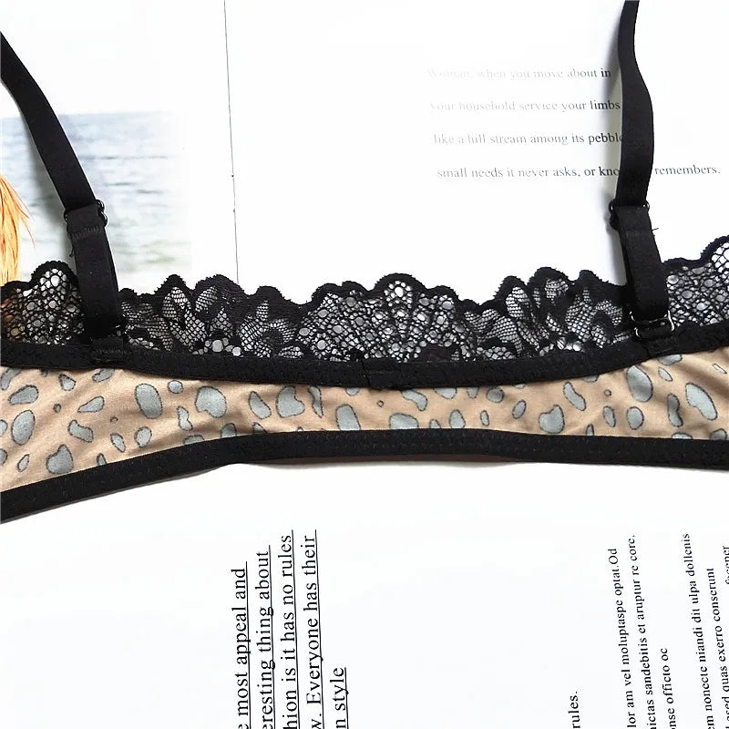 MOYISU Front Closure Bralette Panty Set Women Push-Up Enhancer Small Chest Wireless Leopard Trim Adjustable Straps Girly Allure
