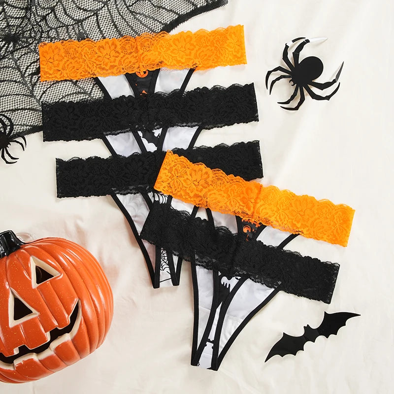 Low Waist Halloween Pattern Design Orange Ice Silk Lace Underwear Knickers Bonded No Show Women Seamless Panties