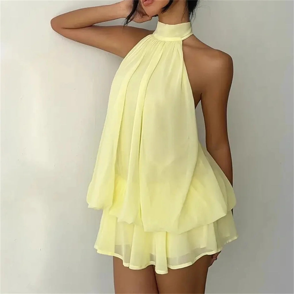 Women's Halter Neck Dress Sweet Backless Tie-Front Chiffon Sheer Mini Skirt Fashion Sexy Y2K Vintage Cute Party Birthday Dress
