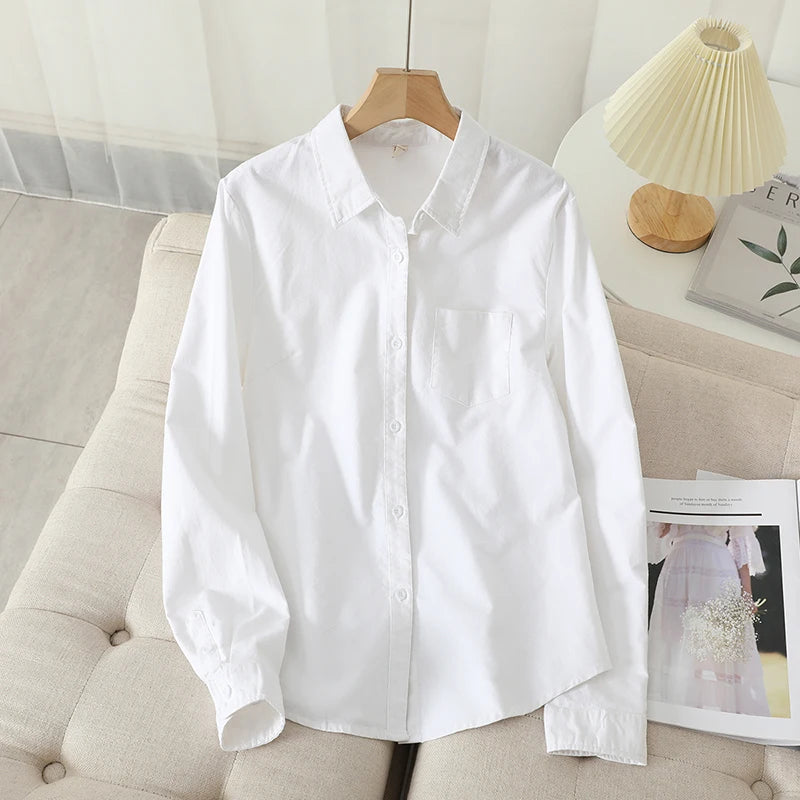 Casual Cotton Women's Oxford Shirt 2026 Autumn New Good Quality Woman Blouse and Tops Lady White Blue Striped Shirts Clothes