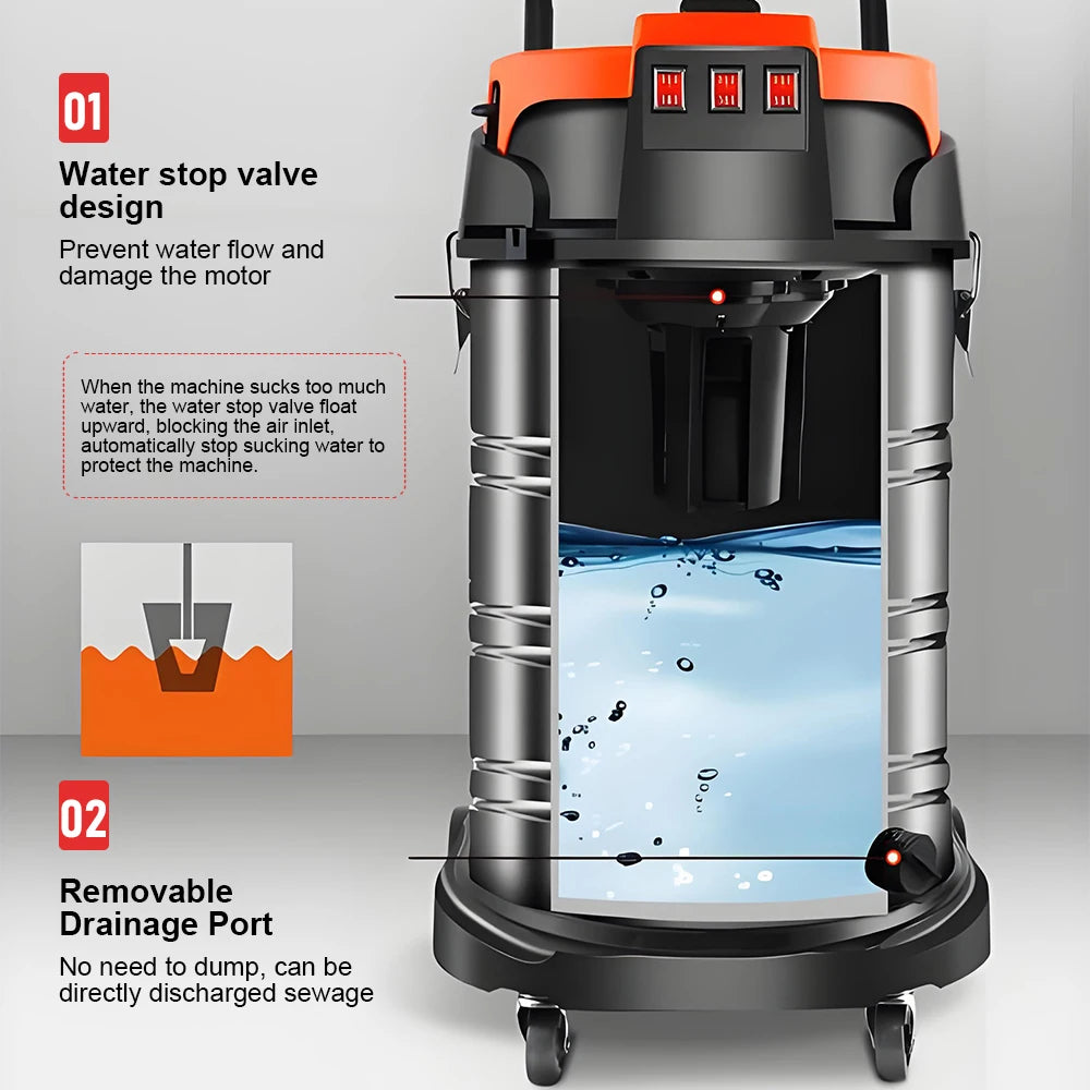 60L Electric Vacuum Cleaner 5400W High Power Wet and Dry Vacuum Cleaner Industrial Car Wash Shop Large Suction Seam Cleaner