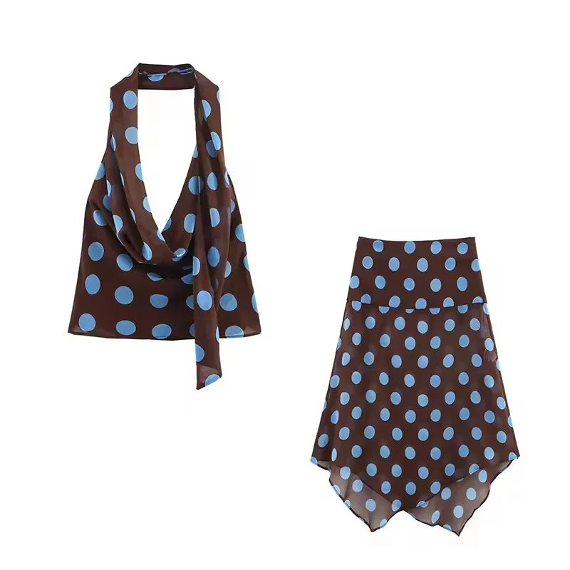 Polka Dot Printed Midi Skirts Two Piece Sets for Women 2026 Summer Chic Scarf Halter Top Suits Beach Woman 2 Piece Outfits