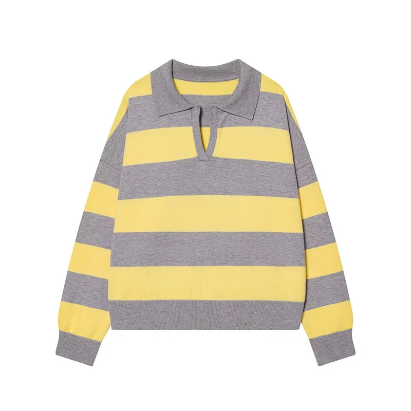 Women's 2026 New Knitted Striped Sweater Polo neck Pullover Spring Fashion Loose Elegant Warm Young Women Sweater Street Blouses