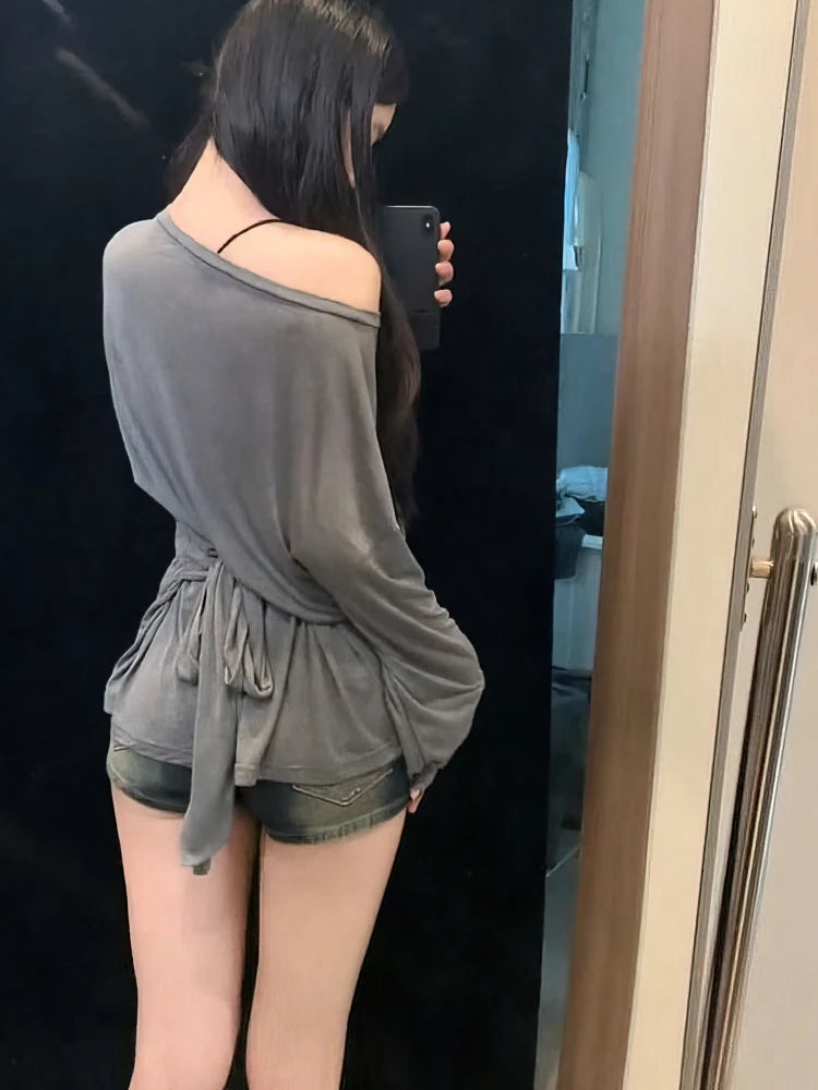 Sexy Thin See Through Long sleeve Oversize T shirt Women Bandage Off shoulder Top Female Basic Long Tees Korean Chic Lady New