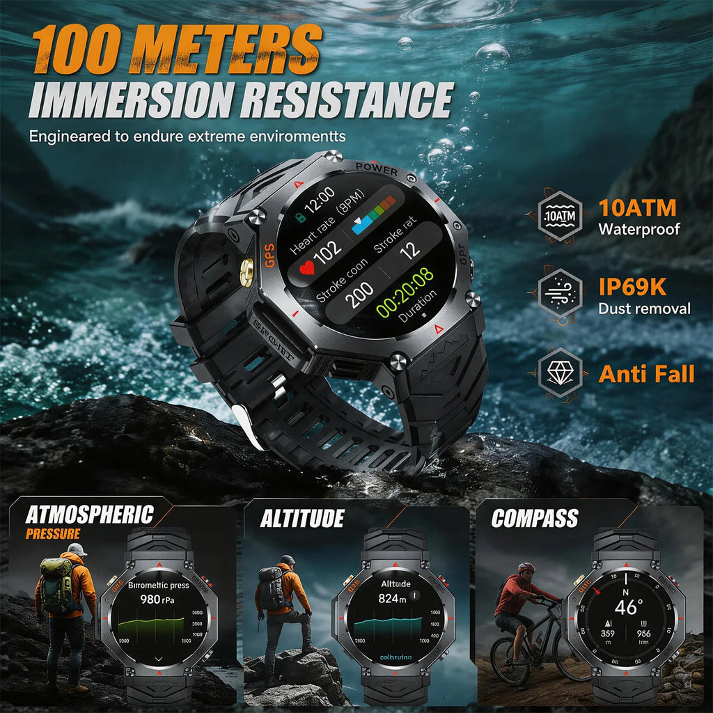 Military Smart Watch T-Rex 3 Bulit-in GPS Compass Altimeter Barometric 10ATM IP69K Waterproof AMOLED Bluetooth Call Smart watch