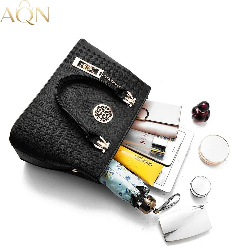 AQN Fashion Women's Top-Handle Bags Metal Hollow Carving Decor Handbag Elegant Ladies Large Capacity Leather Shoulder Bags