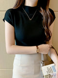 2026 Women Summer Knitted Turtleneck Sleeveless T-Shirts Tops Solid Slim Fit Pullovers Causal Tees Female Streetwear Basics Tees