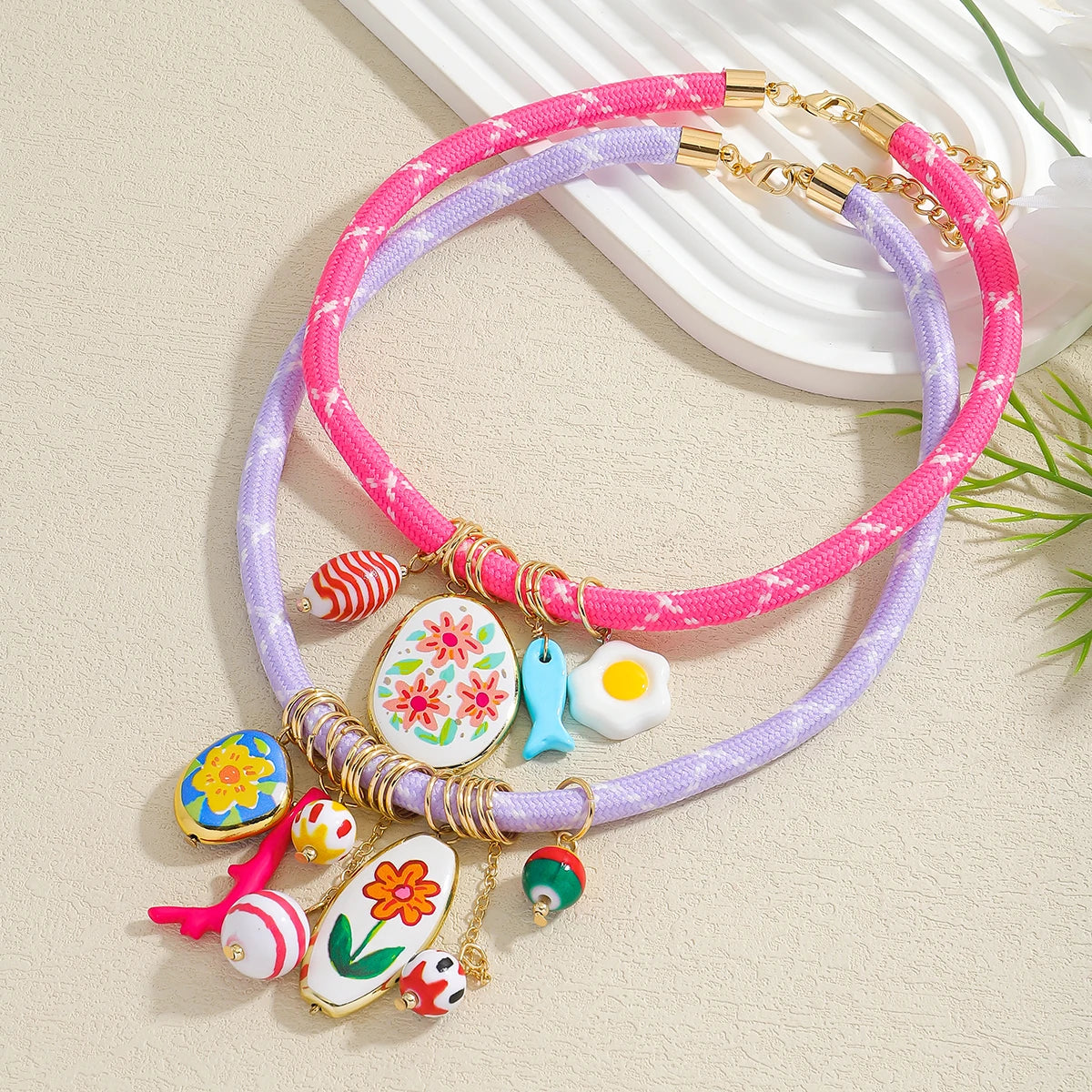 ZAA 2 Pack Of Cord Necklaces With Charms Candy Color Rope Chain Ceramics Flower Jewelry Cute And Fun Summer Holiday Wearing Gift