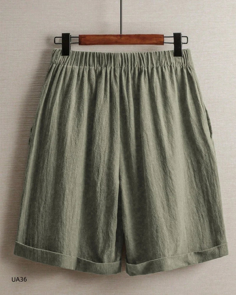 2026 summer new cotton and linen five-piece pants women's high-waisted elastic waist button shorts loose casual shorts