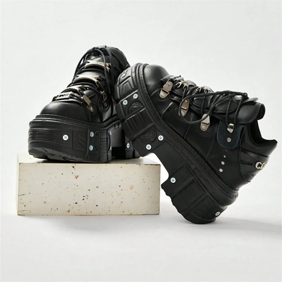 Punk Style Women Black Shoes Rock Metal Decor Lace-up Heel Height Platform Shoes Gothic Man Sneakers Women Ankle Boots 2025 New