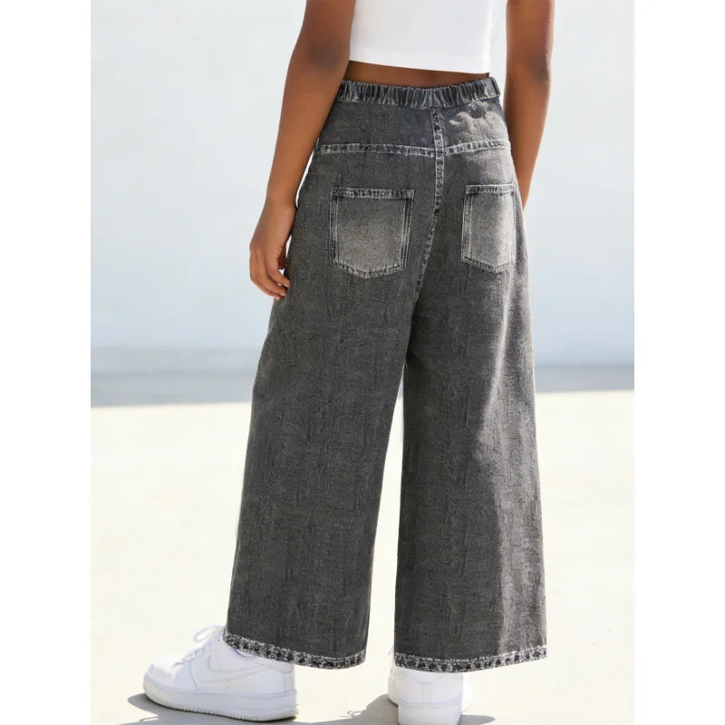 2026Children's Star Distressed Black and Gray Faux Denim Straight Pants