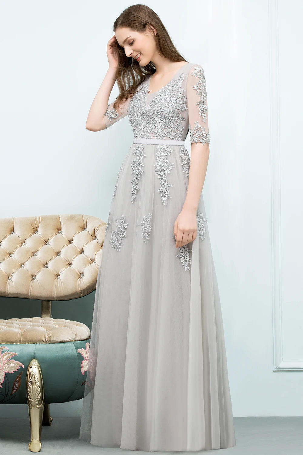 Elegant Half Sleeve Evening Dresses Lace Appliques A-Line Long Tulle Strap V-Neck Sheer Backless Prom Dress Empire Party Gowns