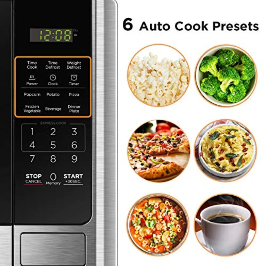 Digital Microwave Oven with Turntable Push-Button Door, Child Safety Lock, Stainless Steel, 0.9 Cu Ft