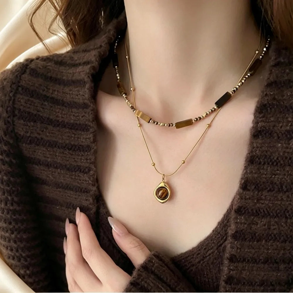 Retro Temperament Layered Tiger Eye Stone Pendant Necklace For Women Stainless steel  Collarbone Chain Sets Jewelry