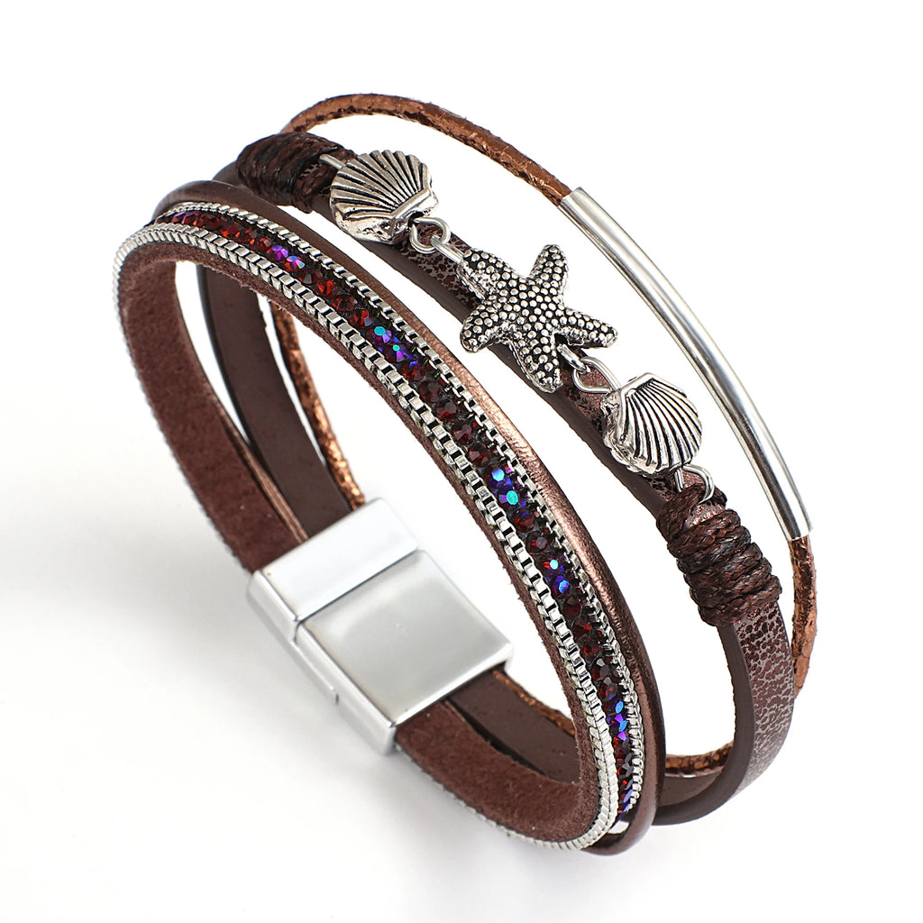 Amorcome Boho Metal Seashell Starfish Beads Charm Shiny Rhinesotne Leather Wrap Bracelets Vintage Summer Beach Femme Jewelry