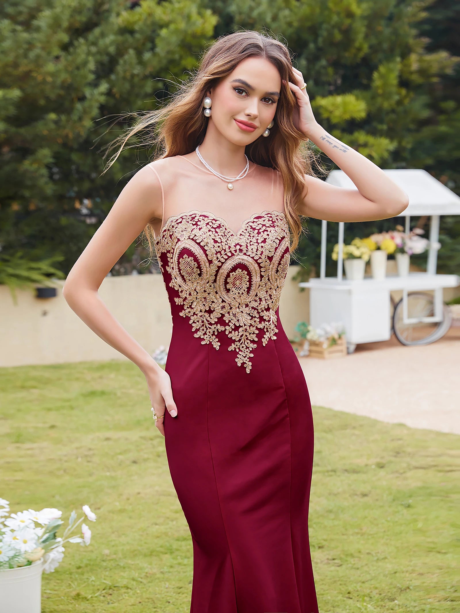BABYONLINE Burgundy Evening Dress Illusion O-Neck Sequins Appliques Sleeveless Mermaid Prom Dress Slim Empire Party Trumpet Gown