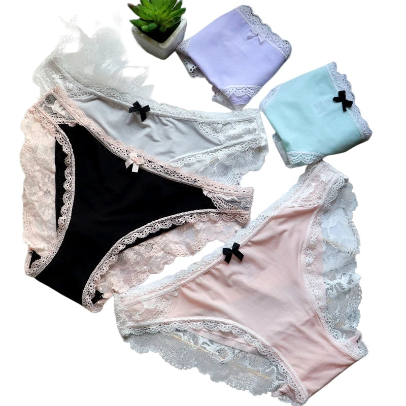 Ladies Ice Silk Panties Thin Quick Drying Low-Waisted Underpants with Embroidered Lace Edge Comfortable Women's Briefs Knickers
