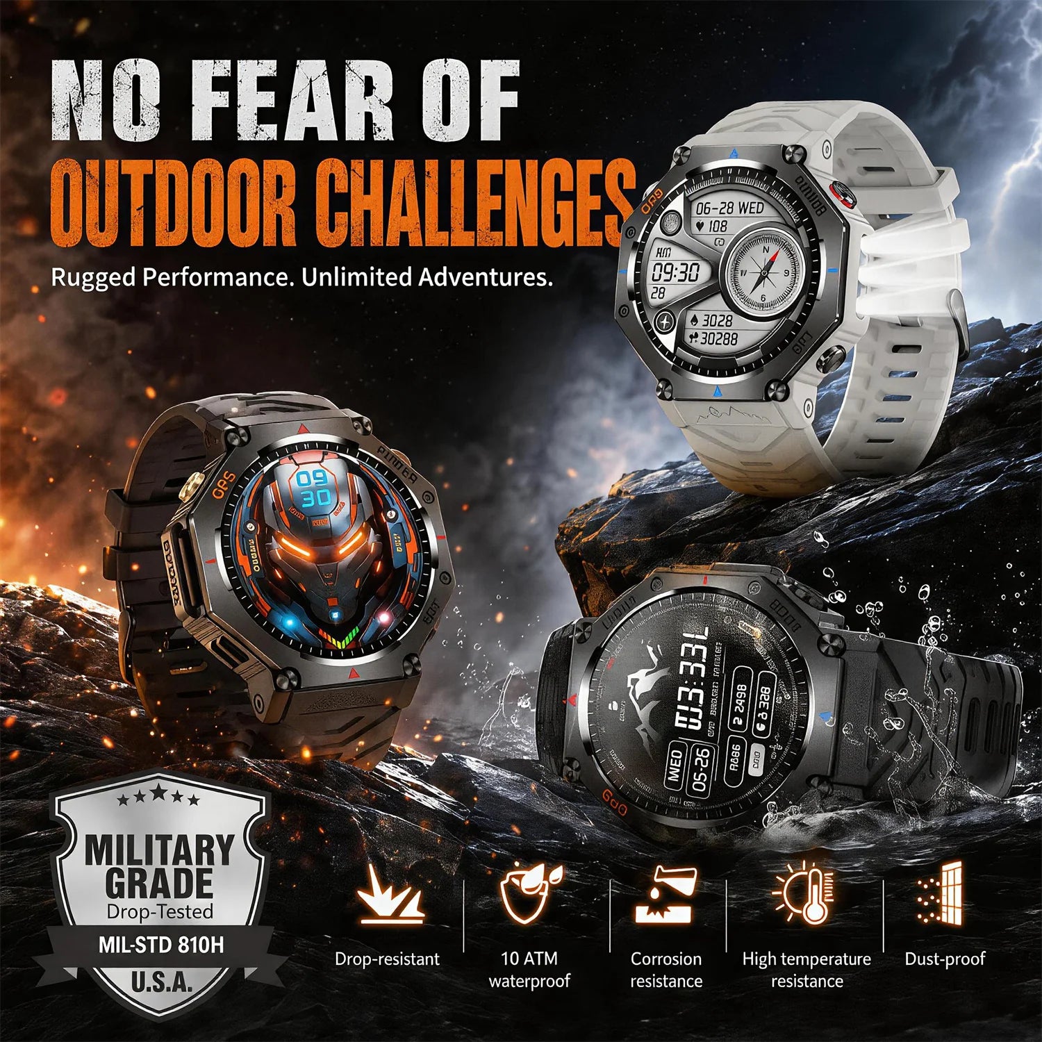 Military Smart Watch T-Rex 3 Bulit-in GPS Compass Altimeter Barometric 10ATM IP69K Waterproof AMOLED Bluetooth Call Smart watch