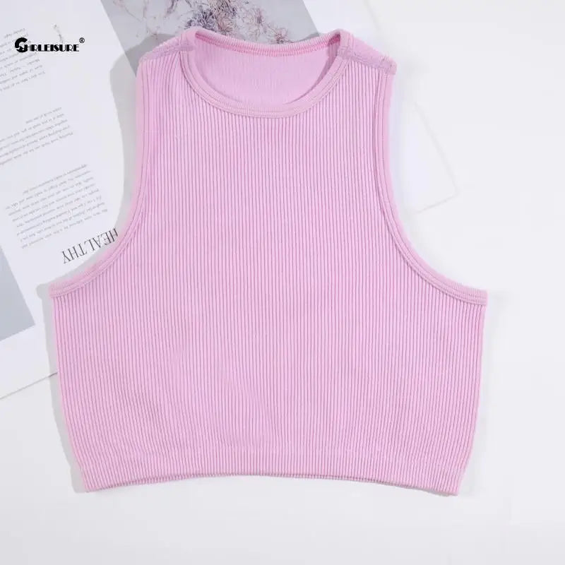 CHRLEISURE Sport Bra Women Rib-Knit Yoga Vest Round Neck Athletic Crop Top Seamless Elastic  Push Up Underwear without Pad