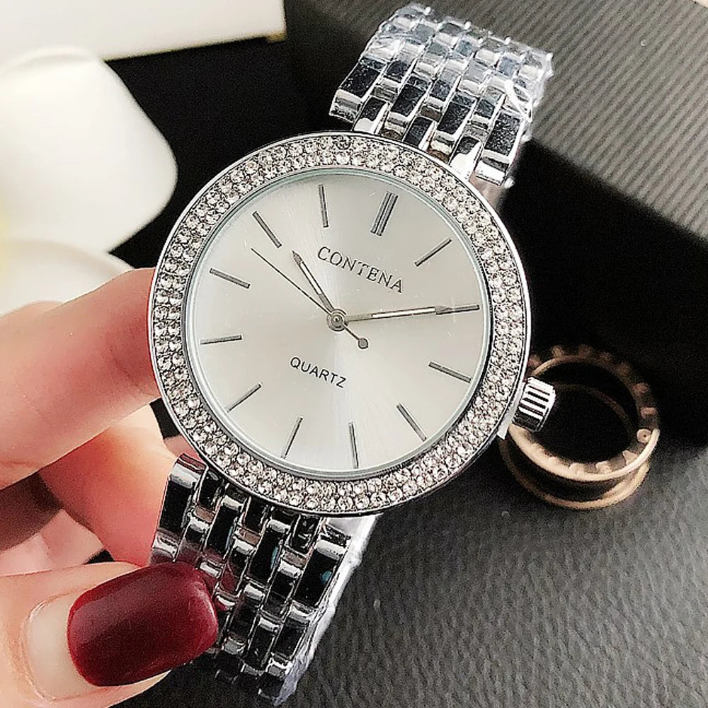 Contena Brand Luxury Women's Watch Fashion Rhinestones Stainless Steel Quartz Watch Simple Elegant Ladies Watch Reloj Mujer