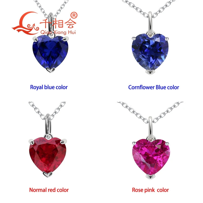 3.6ct 9*9mm S925 Silver Heart Shape Lab Grown Royal Blue/Cornflower Sapphire Pigeon Blood Red Inclusions Stone Pendant Necklace