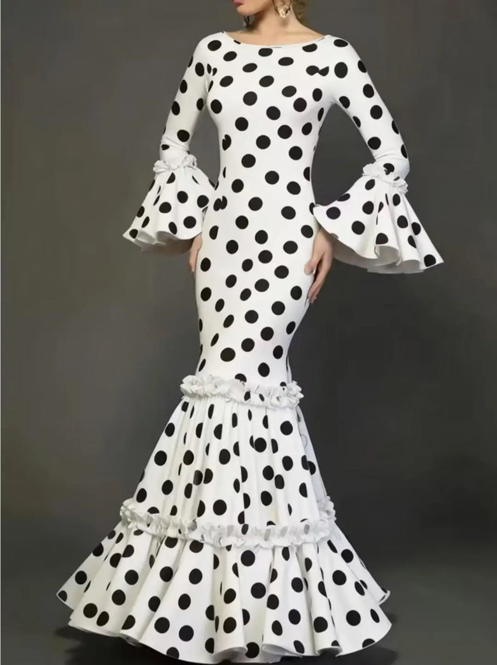 2026 Elegant Flare Sleeve Black and White Dot Party Dress Women Long Sleeve Fishtail Dress Long Evening Dress