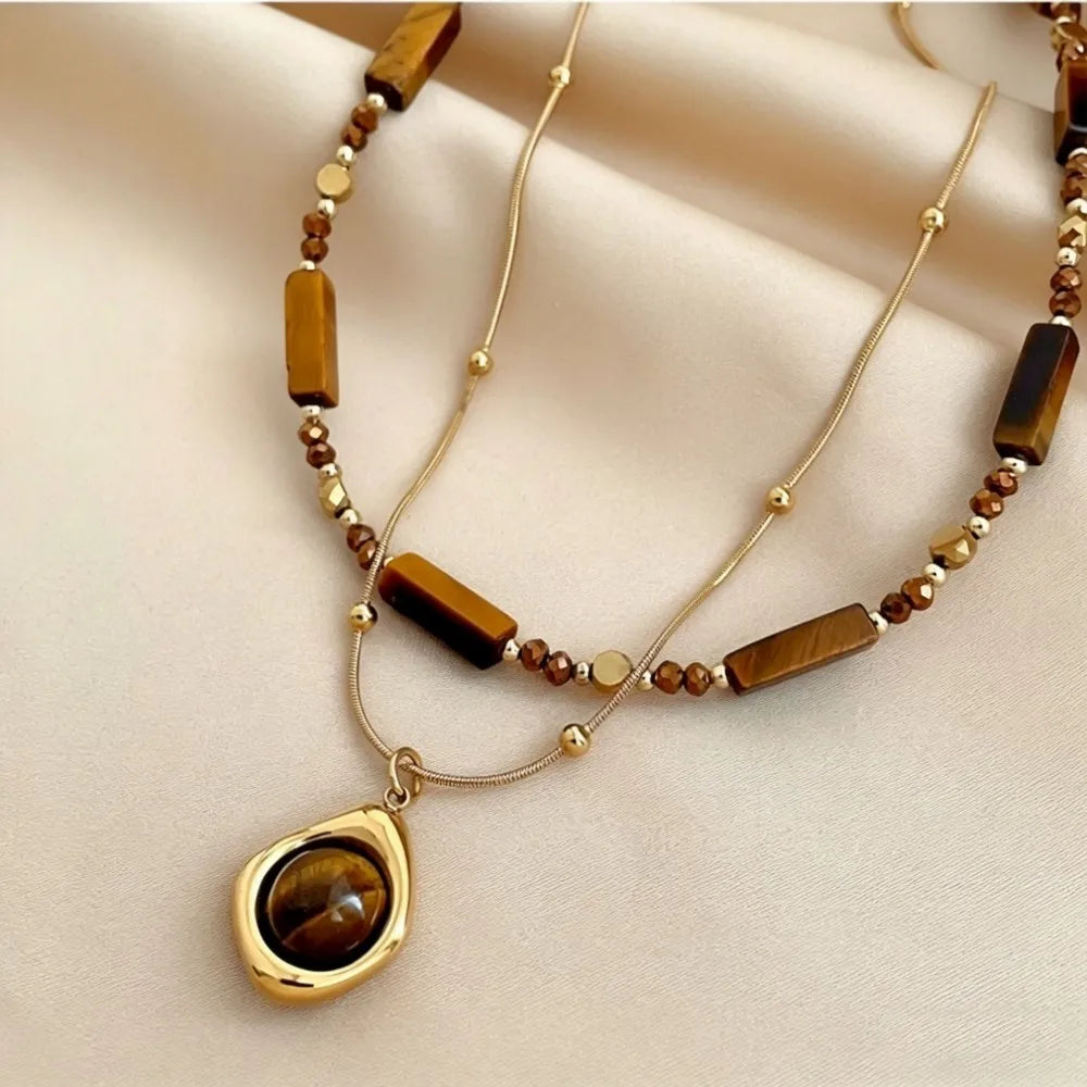 Retro Temperament Layered Tiger Eye Stone Pendant Necklace For Women Stainless steel  Collarbone Chain Sets Jewelry