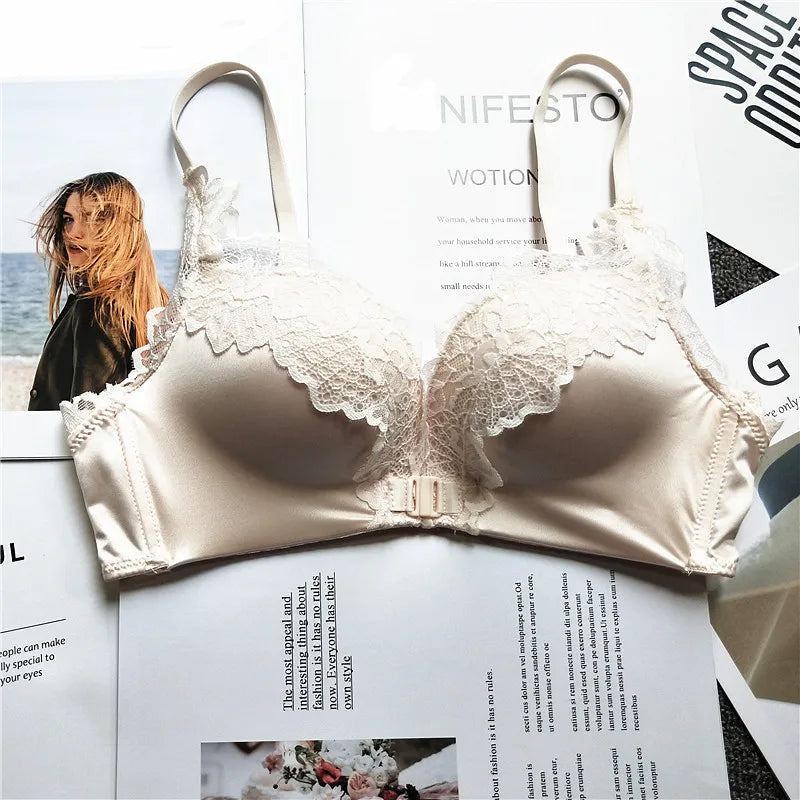 MOYISU Front Closure Bralette Panty Set Women Push-Up Enhancer Small Chest Wireless Leopard Trim Adjustable Straps Girly Allure
