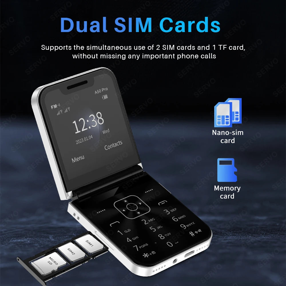 SERVO A50 PRO Flip Mobile Phone Dual SIM Standby Speed Dial Call Recording MP4 Player FM Radio 2G GSM Foldable Button Cellphones
