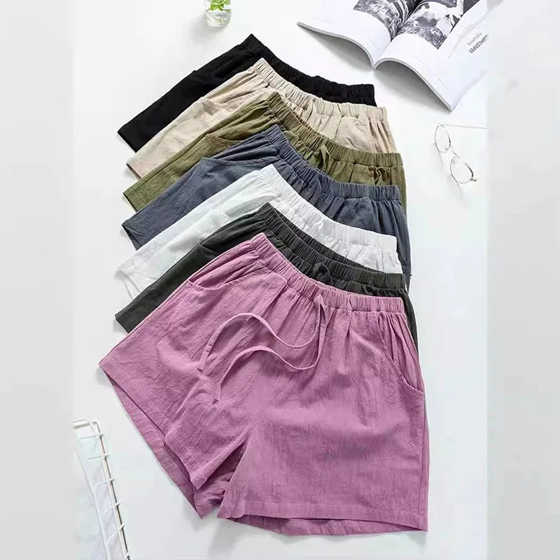 Women Cotton Linen Shorts 2026 New Summer High Waist Casual Sports Shorts Female Solid Color Pocket Loose Beach Hot Short Pants