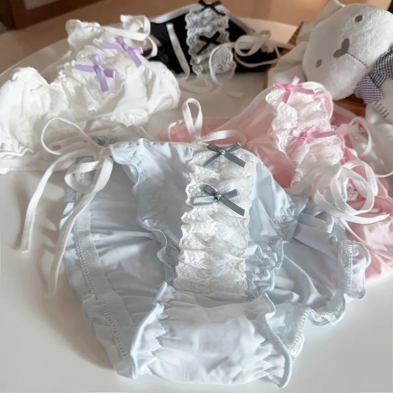 Double Bow Lace Ruffle Cute Underpants For Women Low Waist Lace Up Ice Silk Breathable Panties Lolita Soft Thin Seamless Briefs