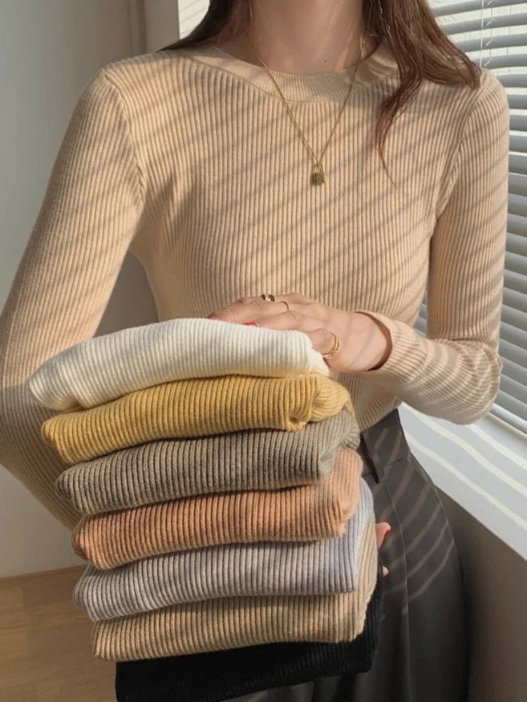 Autumn Winter 2026 Chic Casual Basic Women Sweater O-neck Solid Knit Slim Pullovers Female Long Sleeve Warm Versatile Sweater