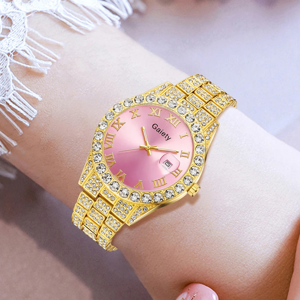 2PCS Luxury Women's Watch Set Fashionable and Elegant Diamond Elements with Calendar Quartz Watch Bracelet Set Perfect Gift
