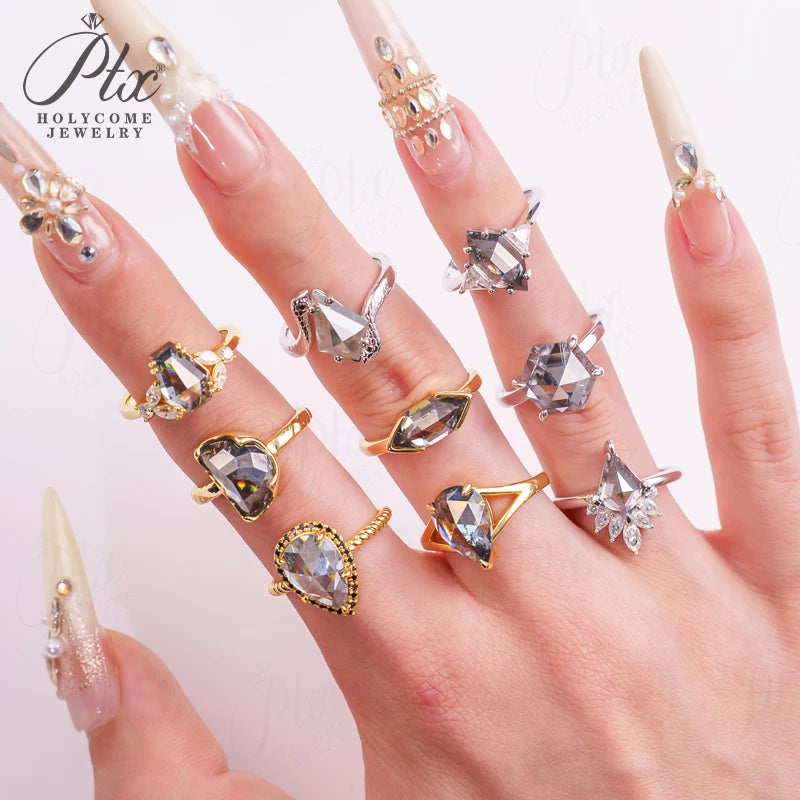 Customize Ring Salt and Pepper Moissanite Diamond Kite Pear Coffin Hexagon Half Moon Cut 925 Silver Wedding Vintage Jewelry