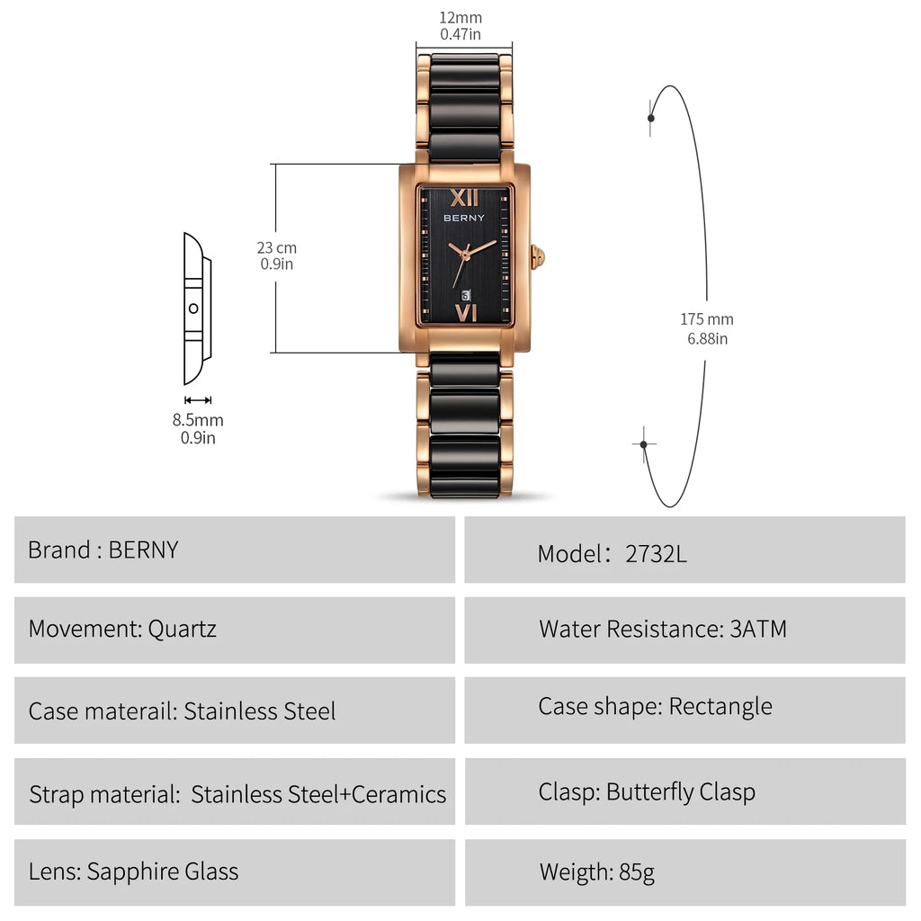 BERNY Women Watch Classic Rectangle Ceramics Calendar Luxury Ladies Quartz Watches Elegant Casual Waterproof Women's Wristwatch
