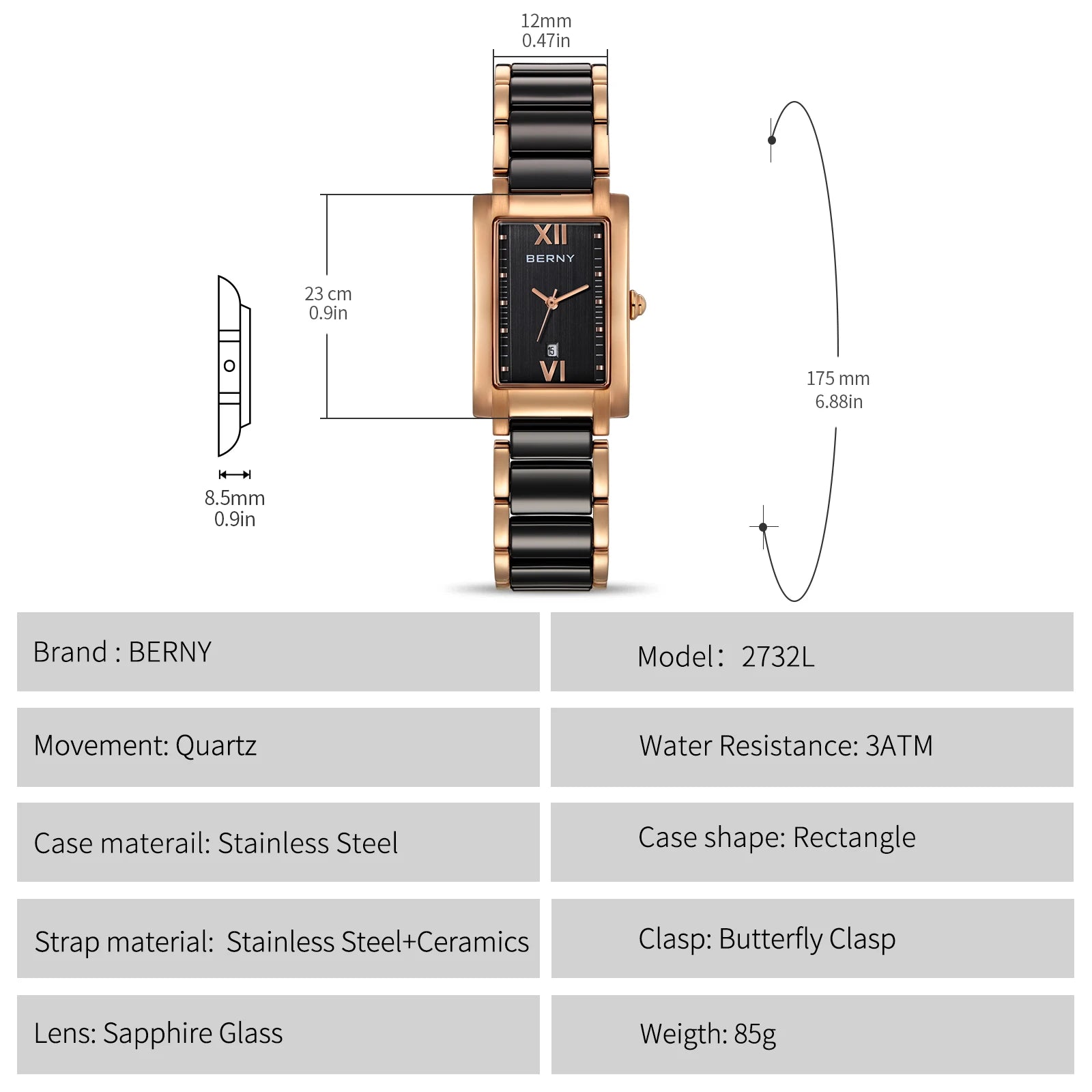 BERNY Women Watch Classic Rectangle Ceramics Calendar Luxury Ladies Quartz Watches Elegant Casual Waterproof Women's Wristwatch