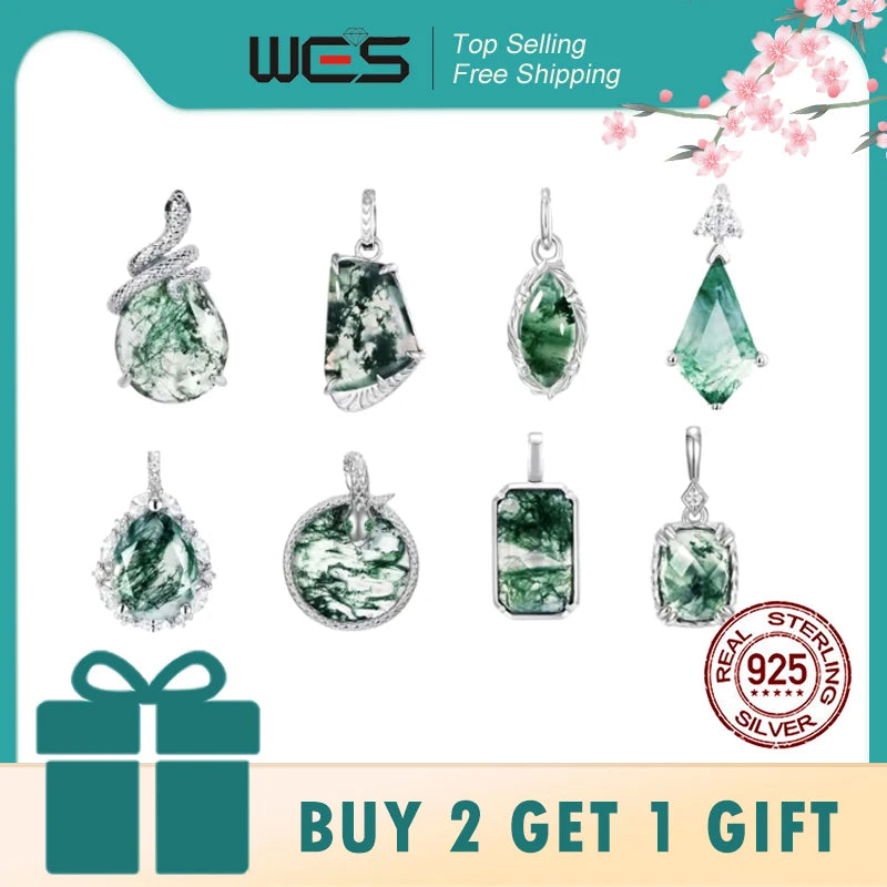 WES 925 Sterling Silver Natural Moss Agate Pendant Necklace For Women Boho Vintage Fine Jewelry Engagement Birthday Party Gift