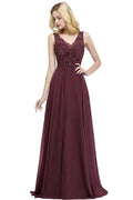 Evening Dresses Elegant Navy Blue Chiffon V Neck Lace Beaded Crystal Sleeveless Formal Party Prom Gowns Vestido De Fiesta Bride