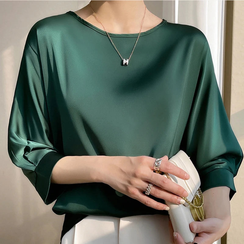 2026 New In Summer Satin Silk Half-Sleeve Tee Tops Basic Solid Women‘s T-Shirt Casual O-neck Thin Shirts Ladies Loose Blouses