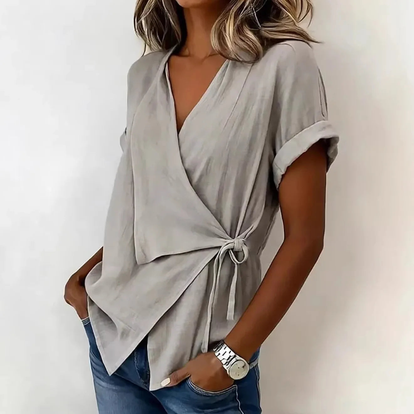 2026 Spring and Summer Cross-border European and American New Style Casual Solid Color Stand-up Collar Tie-up Asymmetrical Loose