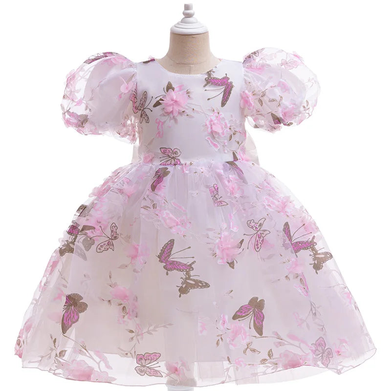 Girls Floral Dress Summer Pink Tulle Princess Dress Flower Girls Embroidered Baptism Gown For Photo Shoot And Wedding Events 2yr