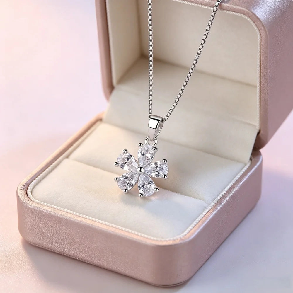 925 Sterling Silver Flower Pendant Necklace for Women Sparkling Clear Cubic Zirconia Cherry Blossom Necklace Jewelry Gift