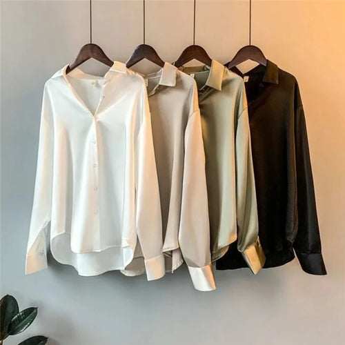 2026 Elegant Satin Loose Women Shirt Spring Turn-down Collar Ladies Blouse Autumn Vintage Casual Button Silk Tops