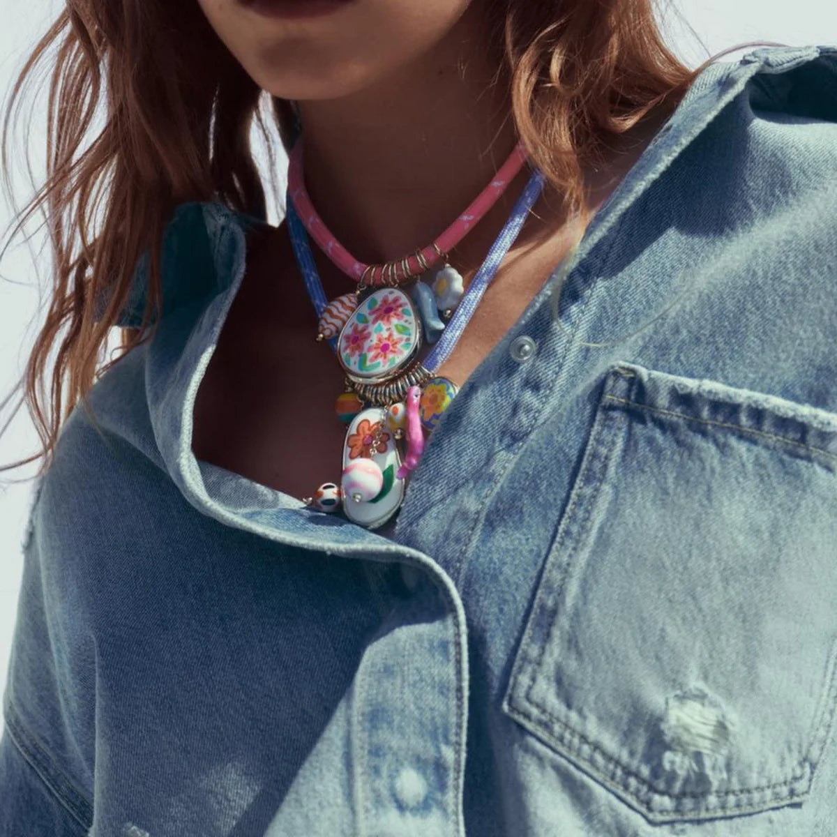 ZAA 2 Pack Of Cord Necklaces With Charms Candy Color Rope Chain Ceramics Flower Jewelry Cute And Fun Summer Holiday Wearing Gift
