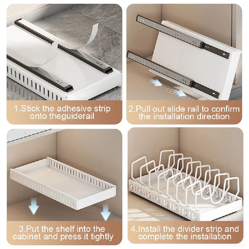 Under Cabinet Sliding Pots and Pans Organizer - Pull Out Kitchen Storage Tray with 8 Adjustable Dividers for Lids and Cookware