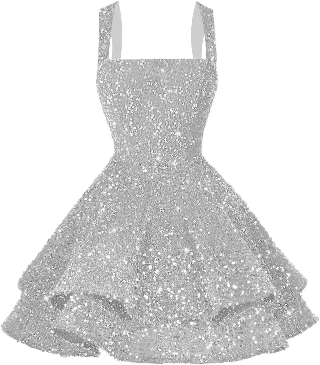 Short Scoop Neck Sequin Homecoming Dresses 2026 Sparkly Sweet 16 Photo Tiered Short Cocktail Party Gown Evening Gown Ball Gown