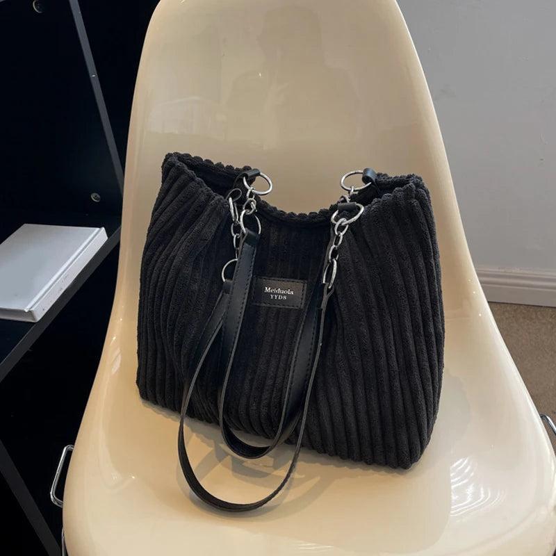 Women Corduroy Shoulder Bag, Solid Color Handbag, Fixed Shoulder Strap, Large Capacity Simple Multifunctional Design Casual
